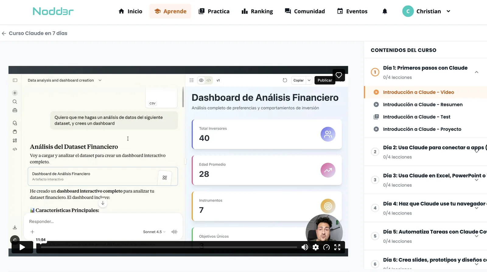 Curso de Claude en Nodd3r mostrando una lección práctica de análisis financiero y el programa de siete días