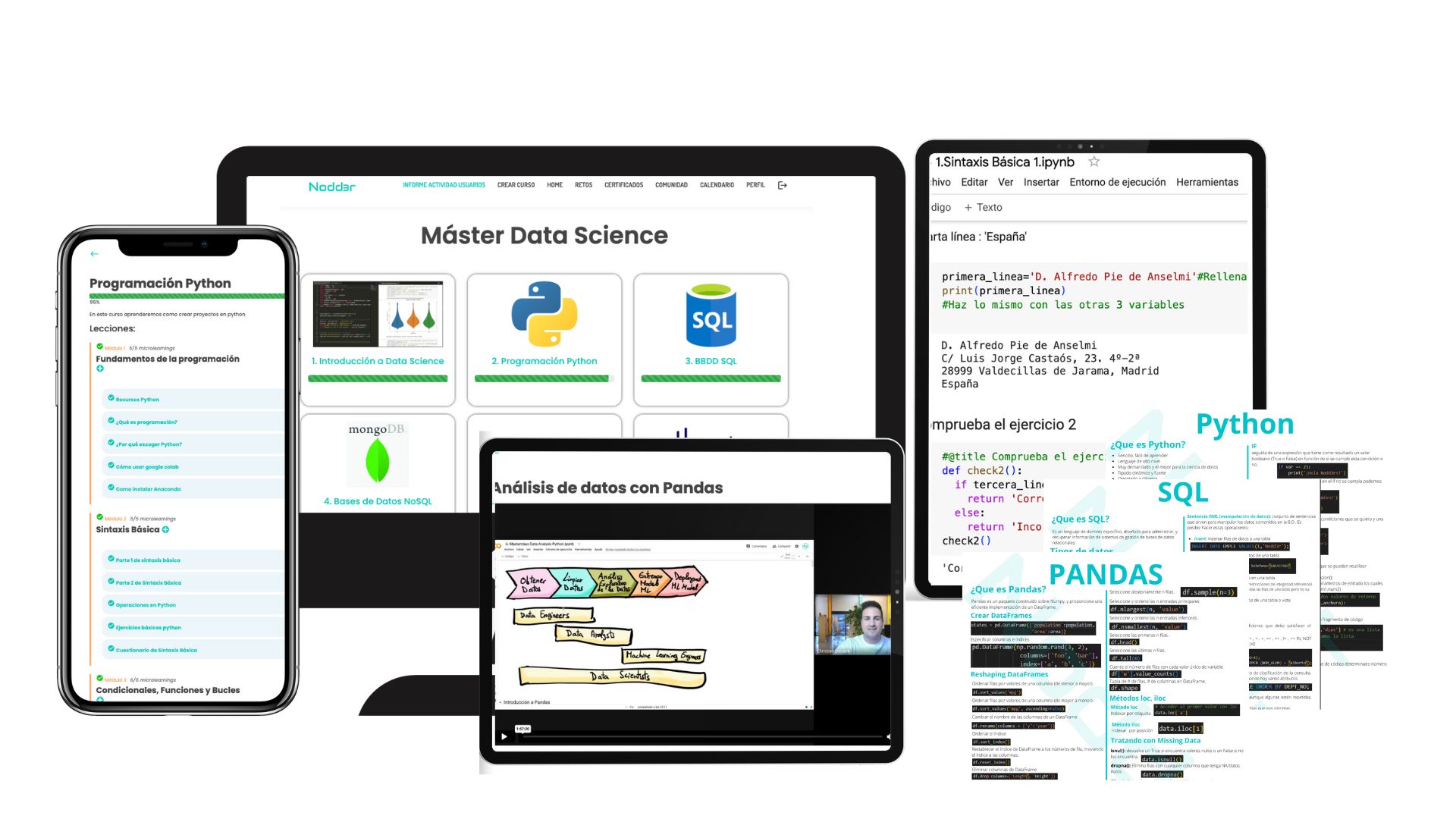Plataforma Nodd3r con los módulos del Máster Data Science, lecciones en móvil y cheatsheets