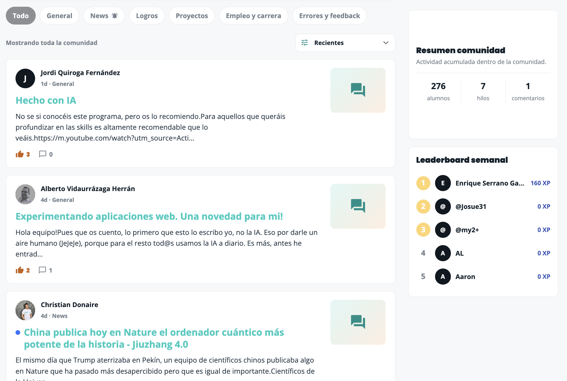 Foro de la comunidad Nodd3r: hilos por categoría, resumen y leaderboard semanal