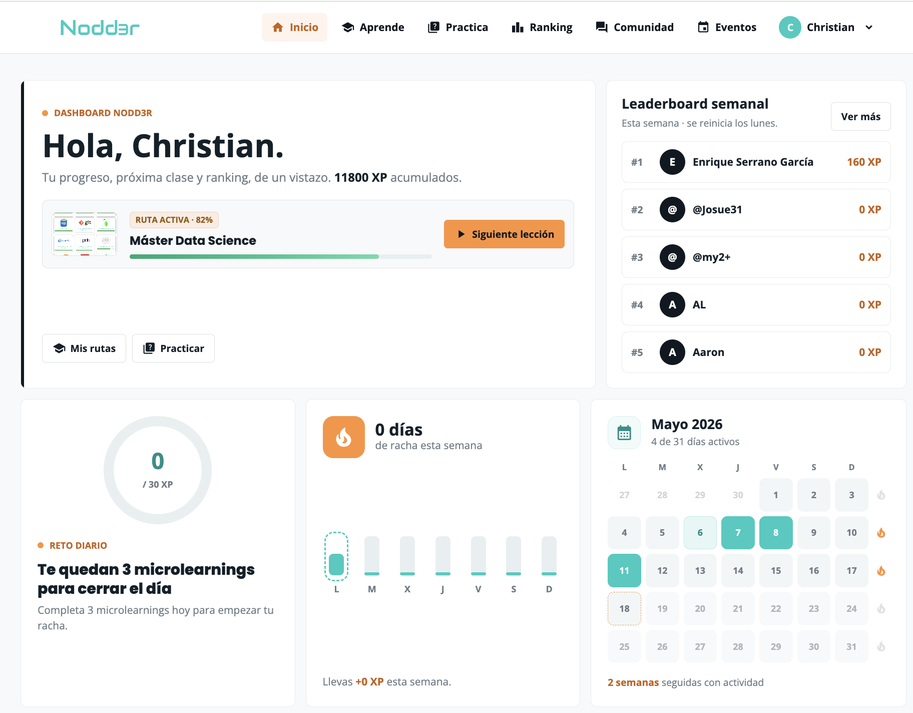 Dashboard de Nodd3r: progreso, racha, leaderboard y reto diario